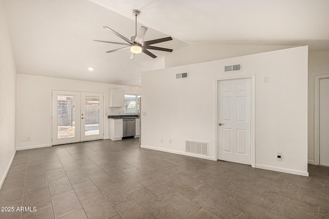 3039 W Ross Ave, Phoenix, AZ 85027 - unfurnished living room with ceiling fan, lofted ceiling, french doors, and baseboards