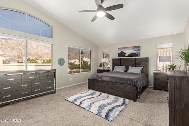 bedroom with high vaulted ceiling, carpet flooring, a ceiling fan, and baseboards