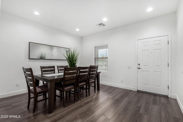 dining space featuring recessed lighting, visible vents, baseboards, and dark wood-style flooring