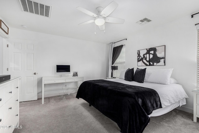 bedroom featuring carpet, visible vents, and ceiling fan