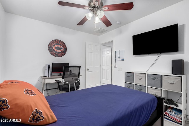 bedroom featuring visible vents and ceiling fan