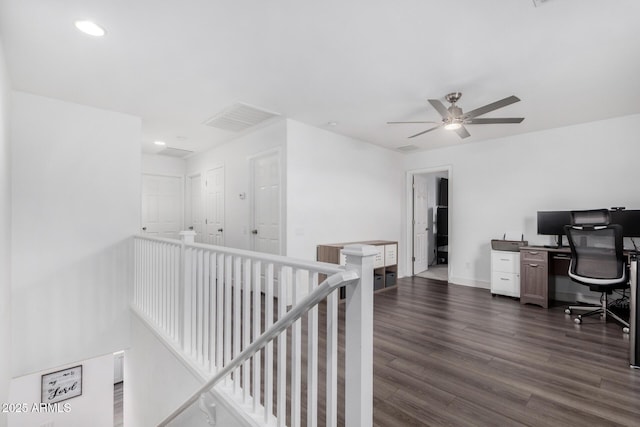 office area featuring a ceiling fan, dark wood-style floors, visible vents, baseboards, and recessed lighting