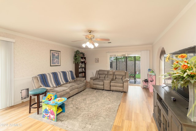 5119 W Onyx Ave, Glendale, AZ 85302 - living room featuring ceiling fan, ornamental molding, and light wood finished floors