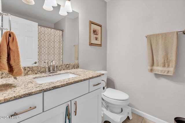 full bathroom with tile patterned flooring, toilet, vanity, baseboards, and a shower with curtain