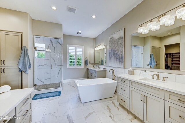 bathroom with plus walk in shower, tile walls, and vanity