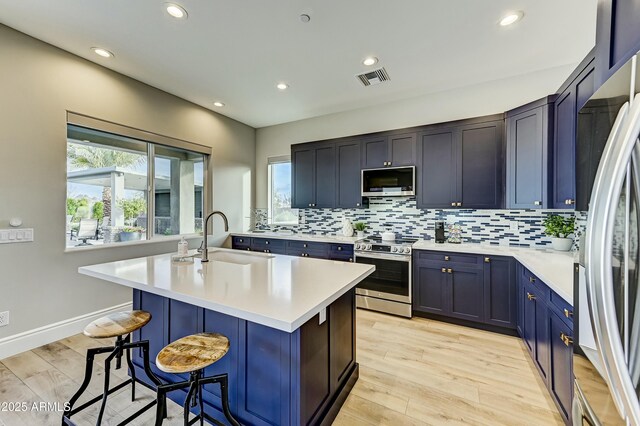 kitchen featuring sink, stainless steel appliances, an island with sink, a breakfast bar area, and tasteful backsplash