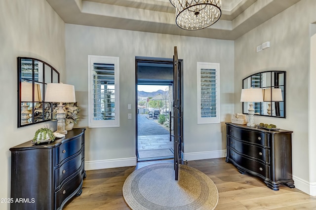 foyer featuring a tray ceiling, a chandelier, and wood-type flooring