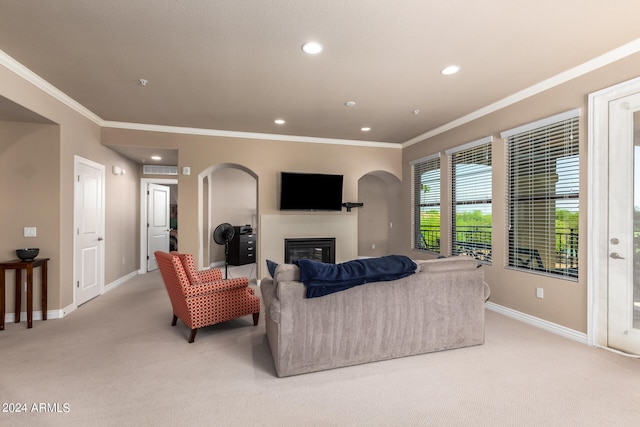 carpeted living room with ornamental molding