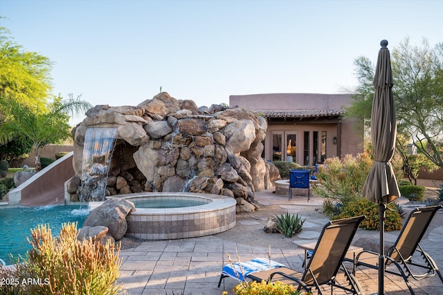 7025 E Ashler Hills Dr, Scottsdale, AZ 85266 - view of swimming pool featuring a patio, french doors, and an in-ground hot tub
