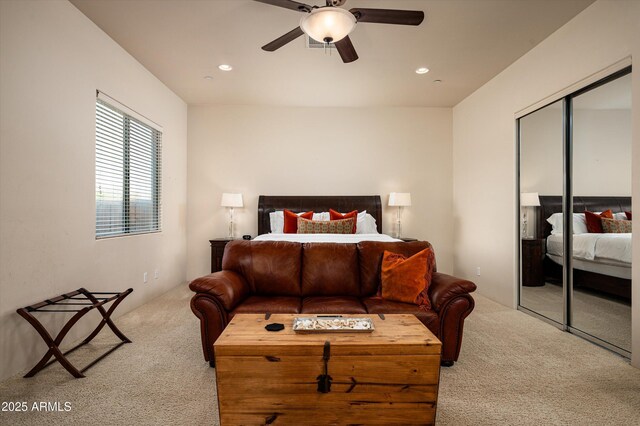 7025 E Ashler Hills Dr, Scottsdale, AZ 85266 - bedroom featuring carpet floors, a closet, recessed lighting, and ceiling fan