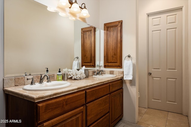 7025 E Ashler Hills Dr, Scottsdale, AZ 85266 - bathroom with double vanity, tile patterned floors, and a chandelier