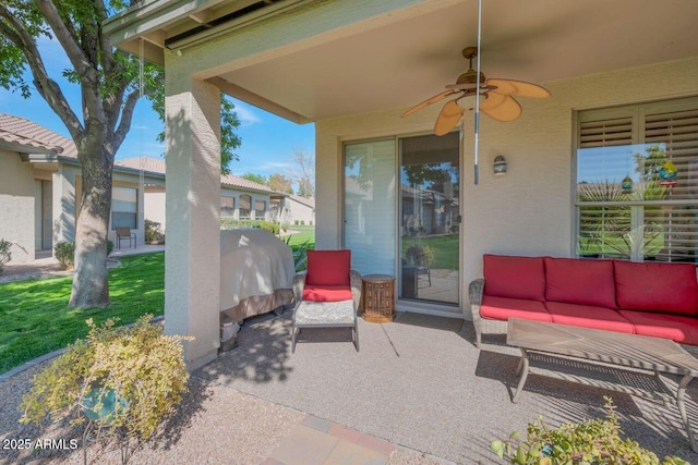 view of patio / terrace featuring ceiling fan and an outdoor hangout area