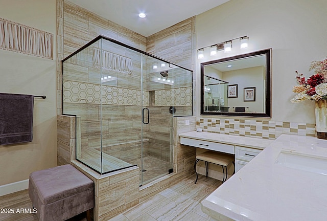 17249 E Fort Verde Rd, Rio Verde, AZ 85263 - bathroom featuring vanity, a stall shower, and tasteful backsplash
