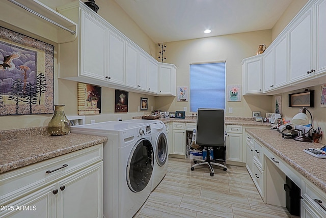 17249 E Fort Verde Rd, Rio Verde, AZ 85263 - washroom with separate washer and dryer, cabinet space, an office area, and recessed lighting