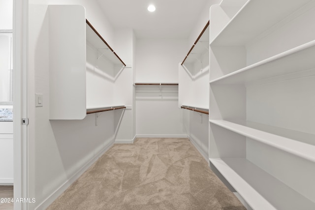 walk in closet with light carpet