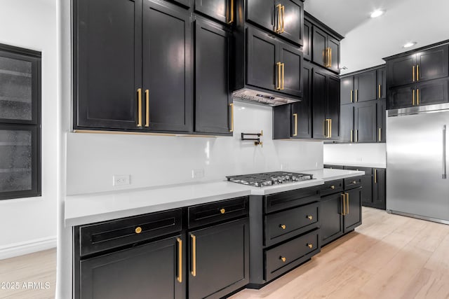 kitchen with stainless steel appliances, light countertops, dark cabinets, and light wood finished floors