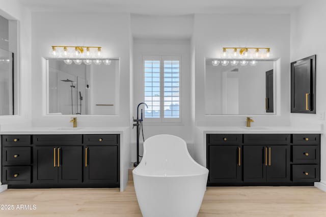 bathroom with a sink, a freestanding tub, two vanities, and wood finished floors