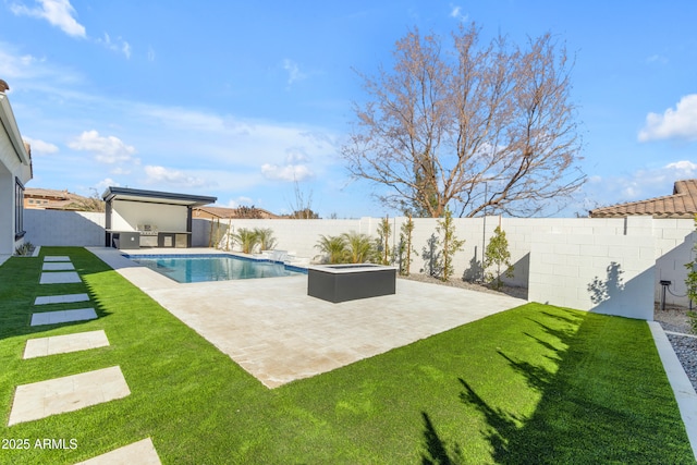 view of pool with a patio area, a fenced backyard, a lawn, and a fenced in pool