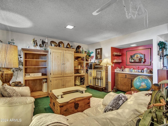 carpeted living room with a textured ceiling