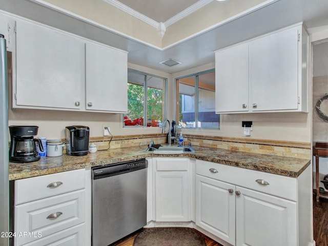 kitchen with stainless steel dishwasher, dark hardwood / wood-style flooring, white cabinetry, and sink