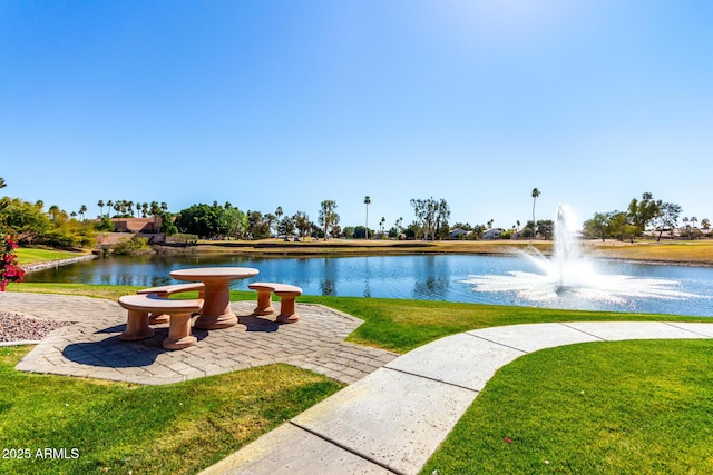 view of home's community with a yard and a water view