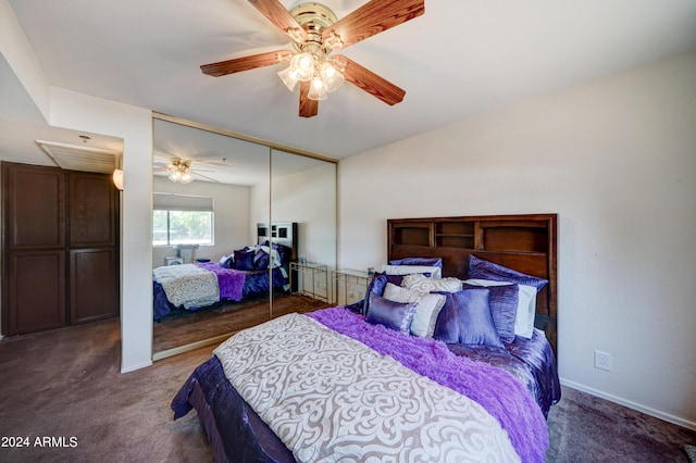 bedroom with a closet, ceiling fan, and dark colored carpet