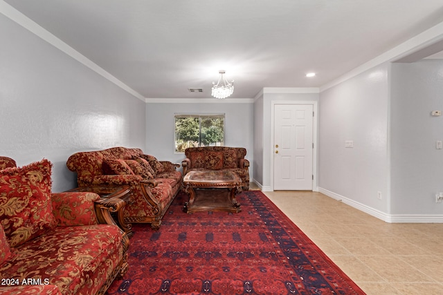 living area with light tile patterned flooring, ornamental molding, and a notable chandelier