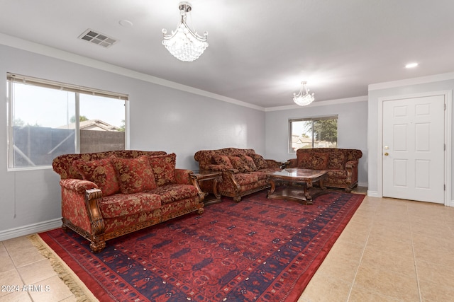 tiled living room with a chandelier and crown molding