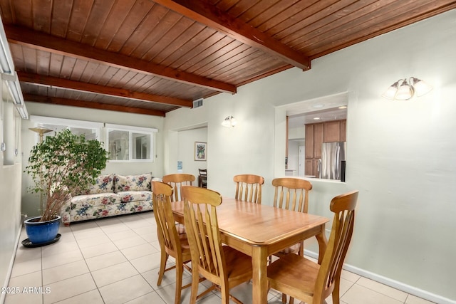 dining room with wood ceiling, beamed ceiling, light tile patterned flooring, and visible vents