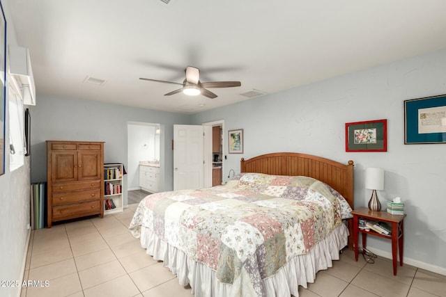 bedroom with light tile patterned floors, visible vents, a ceiling fan, and baseboards