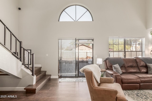 living room featuring a high ceiling and dark hardwood / wood-style floors