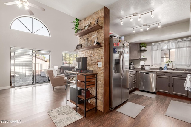 kitchen with ceiling fan, dark hardwood / wood-style flooring, sink, appliances with stainless steel finishes, and a towering ceiling