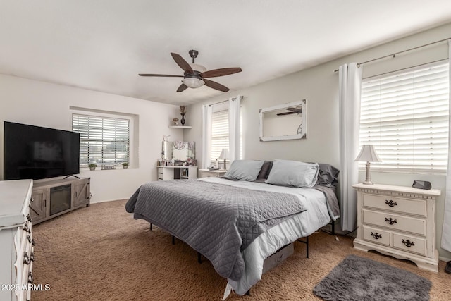 carpeted bedroom with ceiling fan and multiple windows