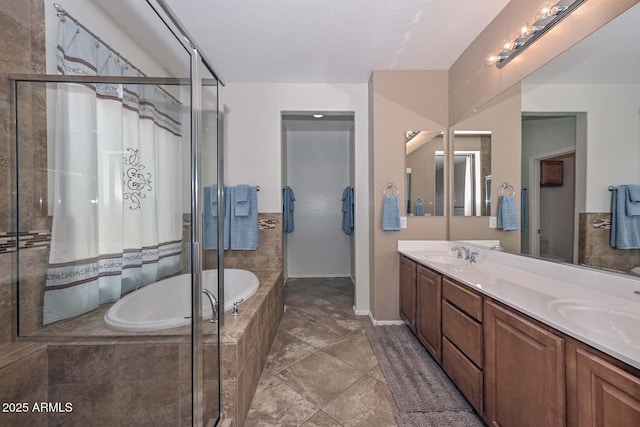 bathroom with vanity and plus walk in shower