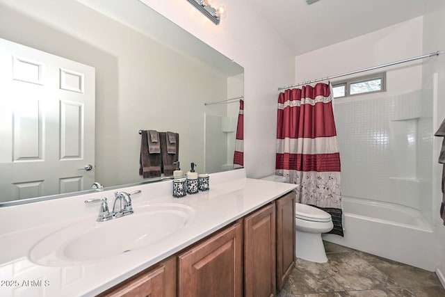 full bathroom with shower / bathtub combination with curtain, vanity, and toilet