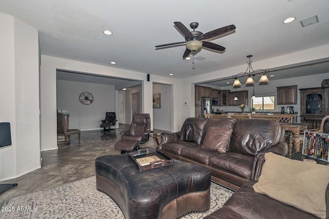 living room featuring ceiling fan