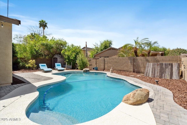 384 N Scott Dr, Chandler, AZ 85225 - view of pool featuring a patio area, a fenced backyard, a fenced in pool, and a shed