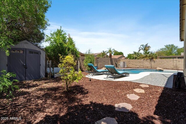 384 N Scott Dr, Chandler, AZ 85225 - view of yard with a fenced in pool, a fenced backyard, an outbuilding, a patio, and a storage unit