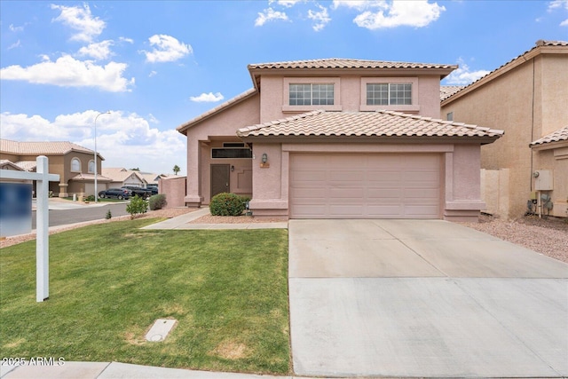 1520 E Flint St, Chandler, AZ 85225 - mediterranean / spanish-style home with a tiled roof, stucco siding, driveway, and a front yard