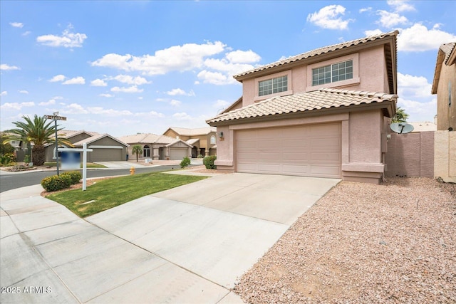 1520 E Flint St, Chandler, AZ 85225 - mediterranean / spanish home featuring a residential view, a garage, stucco siding, a tile roof, and concrete driveway