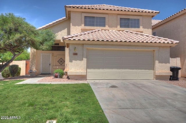 1520 E Flint St, Chandler, AZ 85225 - mediterranean / spanish-style home with a tile roof, a front yard, stucco siding, and driveway