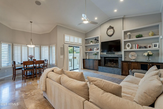 tiled living room with crown molding, ceiling fan, built in features, and high vaulted ceiling