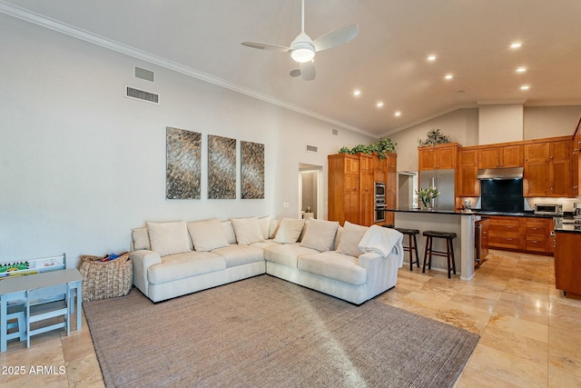 living room featuring crown molding, high vaulted ceiling, and ceiling fan