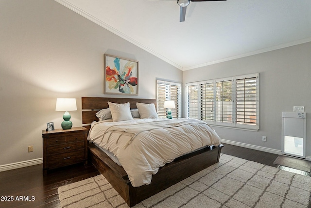 bedroom featuring ornamental molding, lofted ceiling, dark hardwood / wood-style floors, and ceiling fan