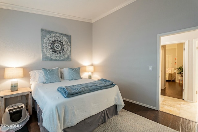 bedroom with dark wood-type flooring and ornamental molding