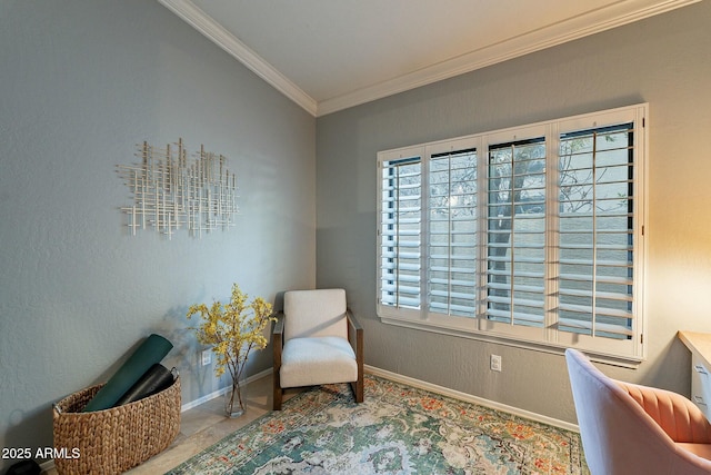 living area with ornamental molding