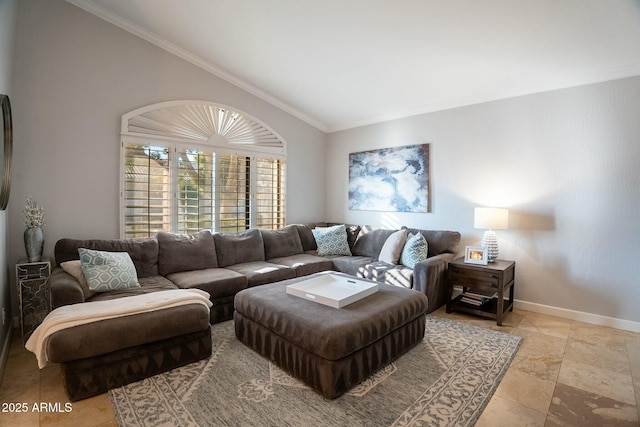 living room featuring ornamental molding and vaulted ceiling