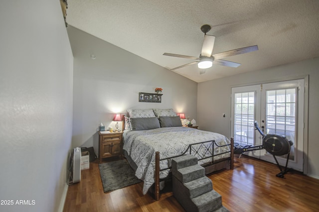 5424 E Florian Ave, Mesa, AZ 85206 - bedroom with dark wood-type flooring, a textured ceiling, vaulted ceiling, access to exterior, and french doors
