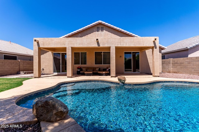 9511 E Kiva Ave, Mesa, AZ 85209 - view of swimming pool with a patio, an outdoor living space, and a fenced backyard
