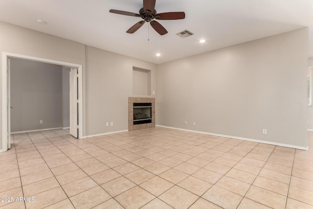 9511 E Kiva Ave, Mesa, AZ 85209 - unfurnished living room with a ceiling fan, recessed lighting, a tile fireplace, baseboards, and light tile patterned floors